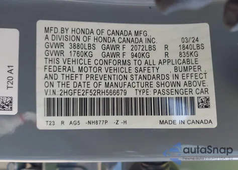 2024 Honda Civic Sport из США, поврежденный, VIN 2HGFE2F52RH566679